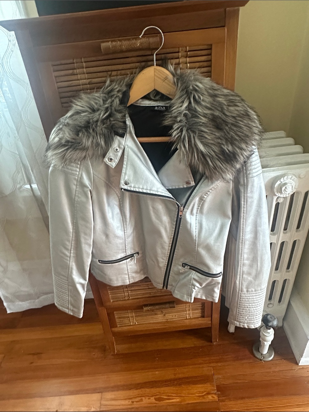 a.n.a Silver Faux-Leather Moto Jacket with Faux-Fur Collar